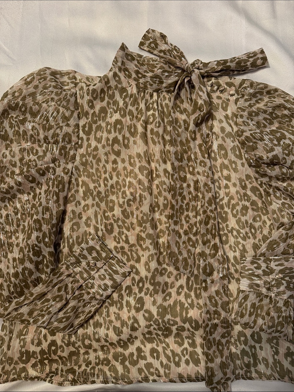 Walter Baker Leopard Print Tie-Neck Blouse in Olive & Cream